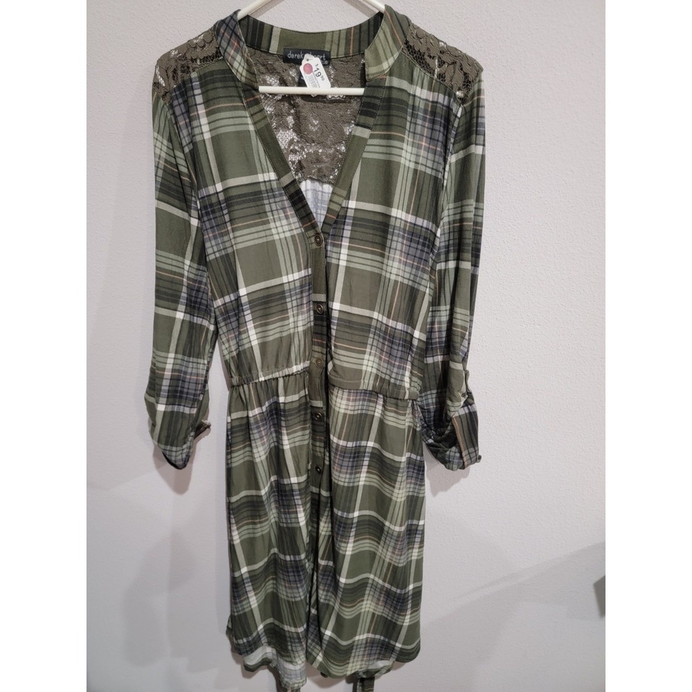 Derek Heart Womens 2X Olive Green Belted Shirt Dress Long Sleeve Lace Back NWT